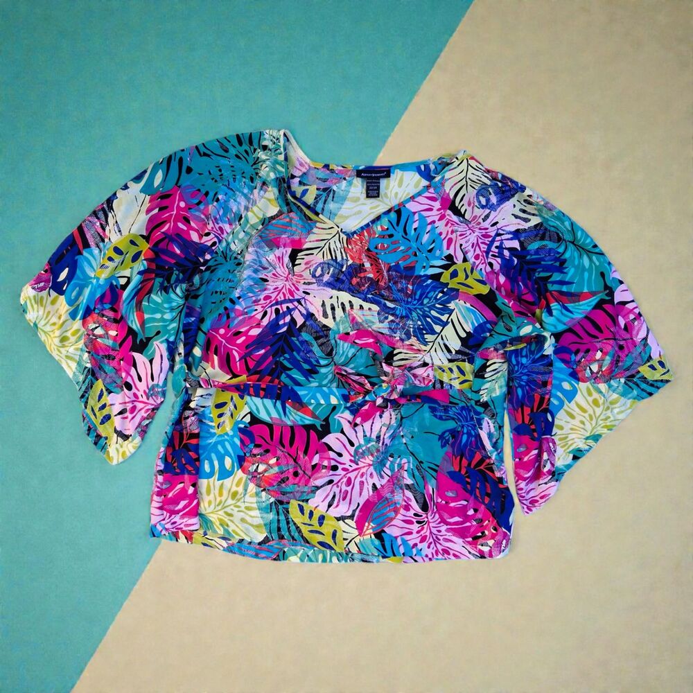 ASHLEY STEWART Plus Size 22 24W Tropical Palm Print Bright Floral Summer Top